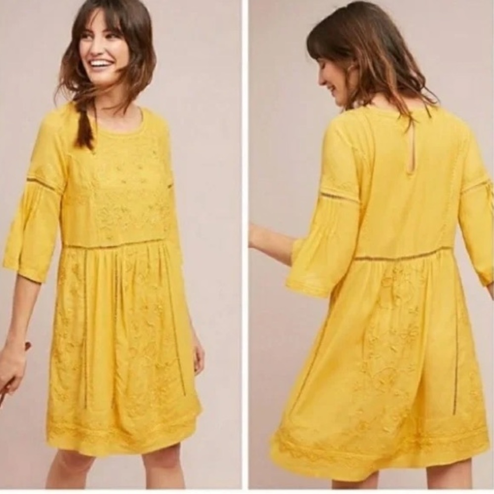 Anthropologie Akemi + Kin Embroidered Yellow Gold Tunic Dress Size XS
